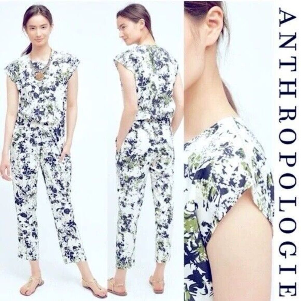Anthropologie Ranna Gill Silky Floral Aida Embroidered Jumpsuit Green Tropical M